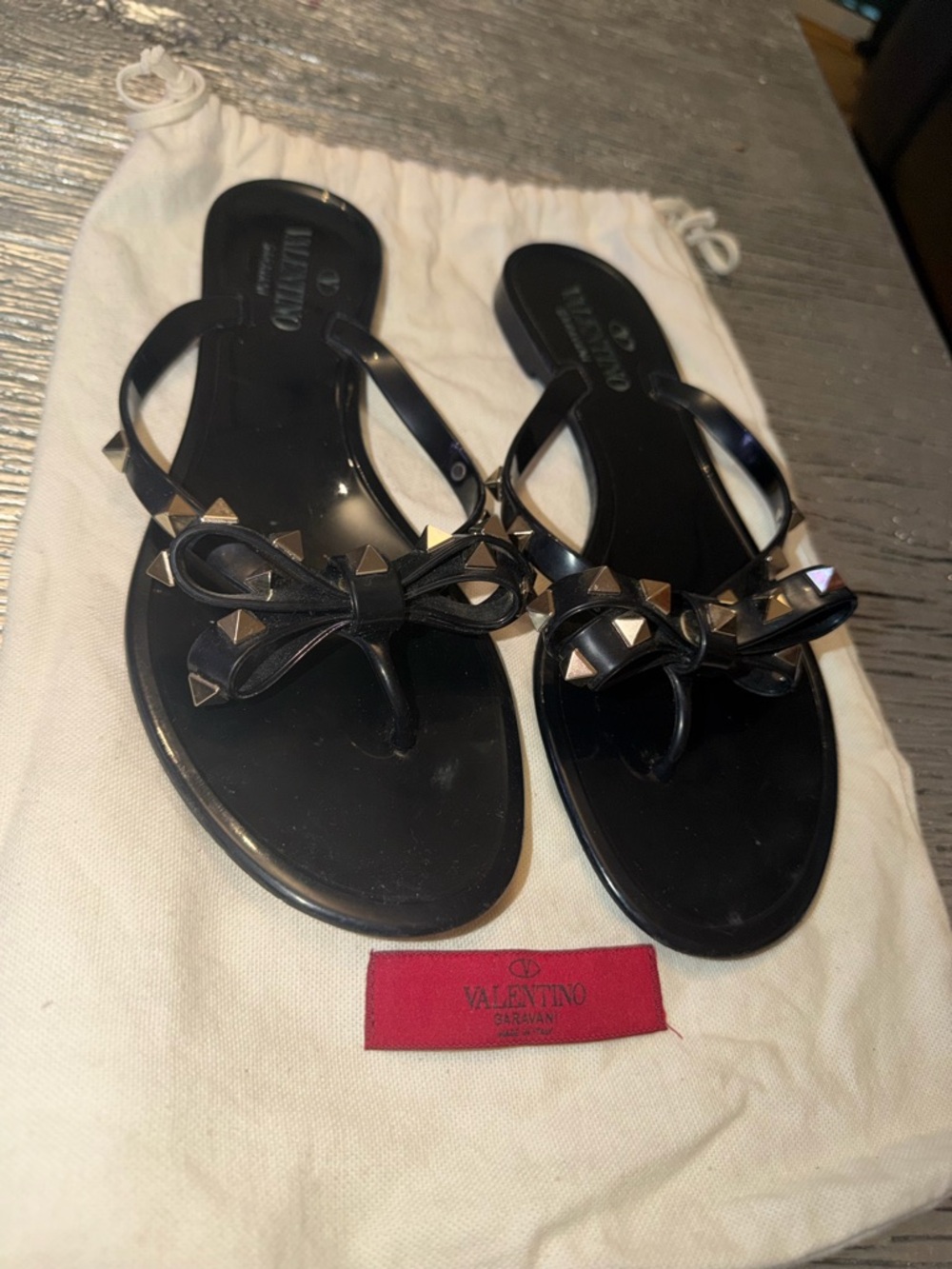 Valentino Black Rockstud Bow Thong Sandals